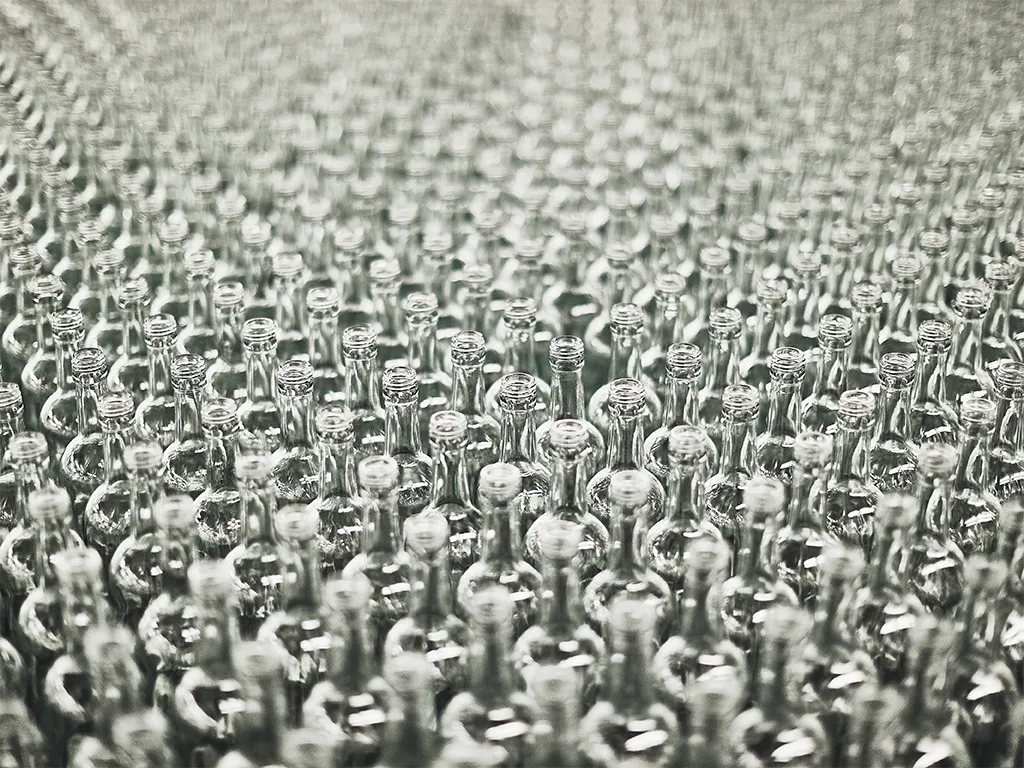 Rows of clear glass bottles